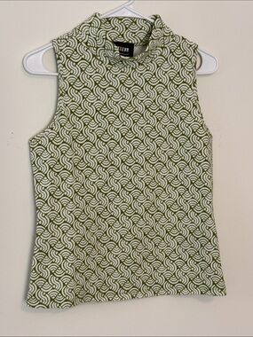 Anthropologie Maeve Olive& White Patterned Sleeveless Mock Neck Tank